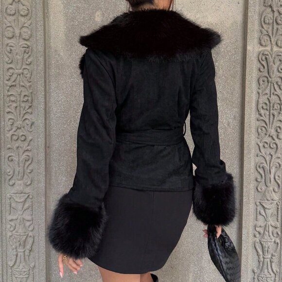 Black Party Women's Lapel Patchwork Faux Fur Cinched Waist Slim Fit Jacket - Picture 3 of 6